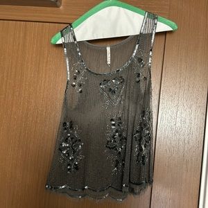 Gray cropped sequin and beaded willow and clay top